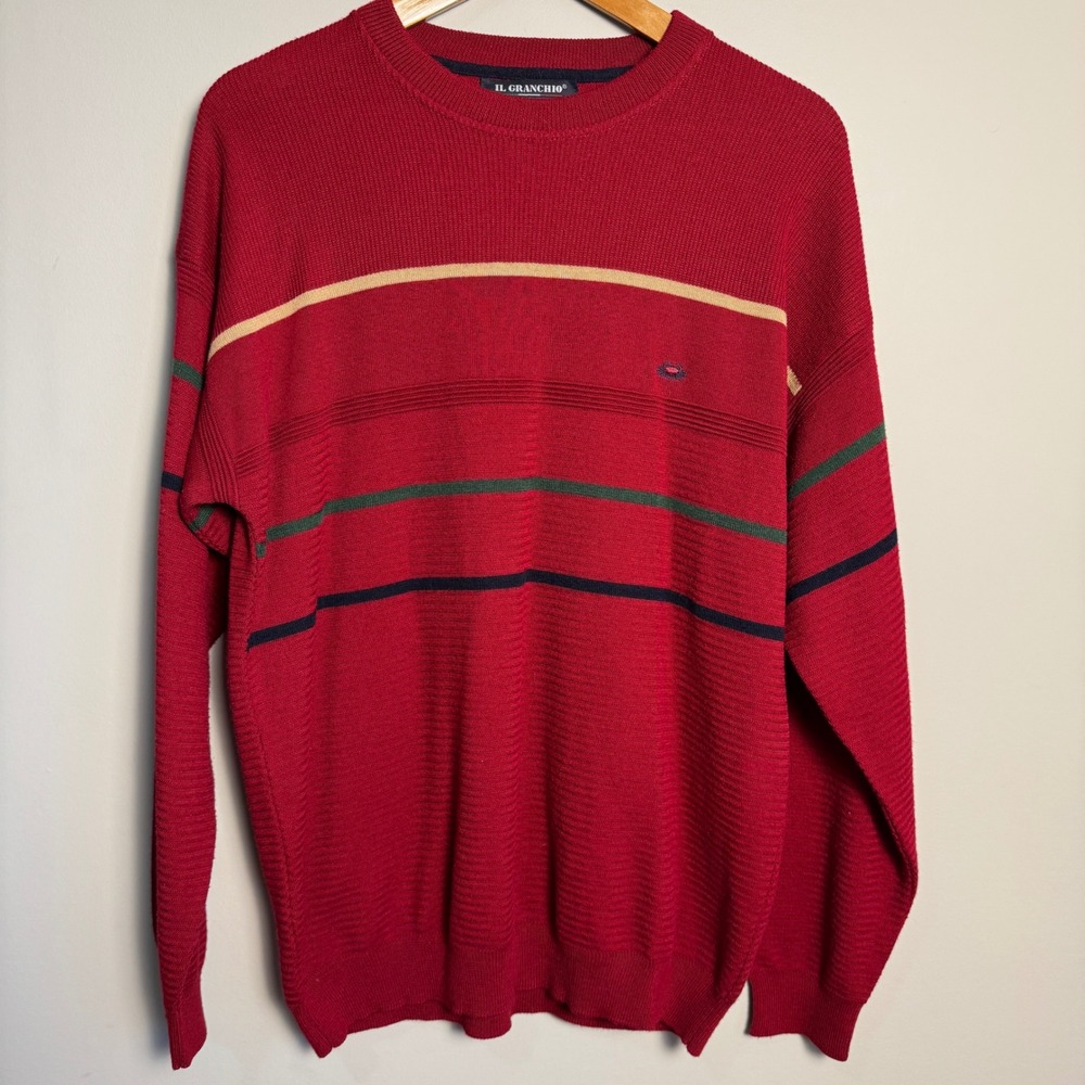 IL GRANCHIO Red Striped‎ Crew Neck Sweater Men's Wool Blend Made in Italy Preppy
